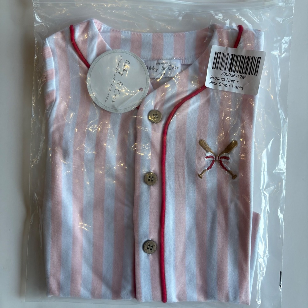 Abby & Evie Kids Pink Stripe Baseball Jersey Embroidered Button Down Shirt 12M - Picture 6 of 8